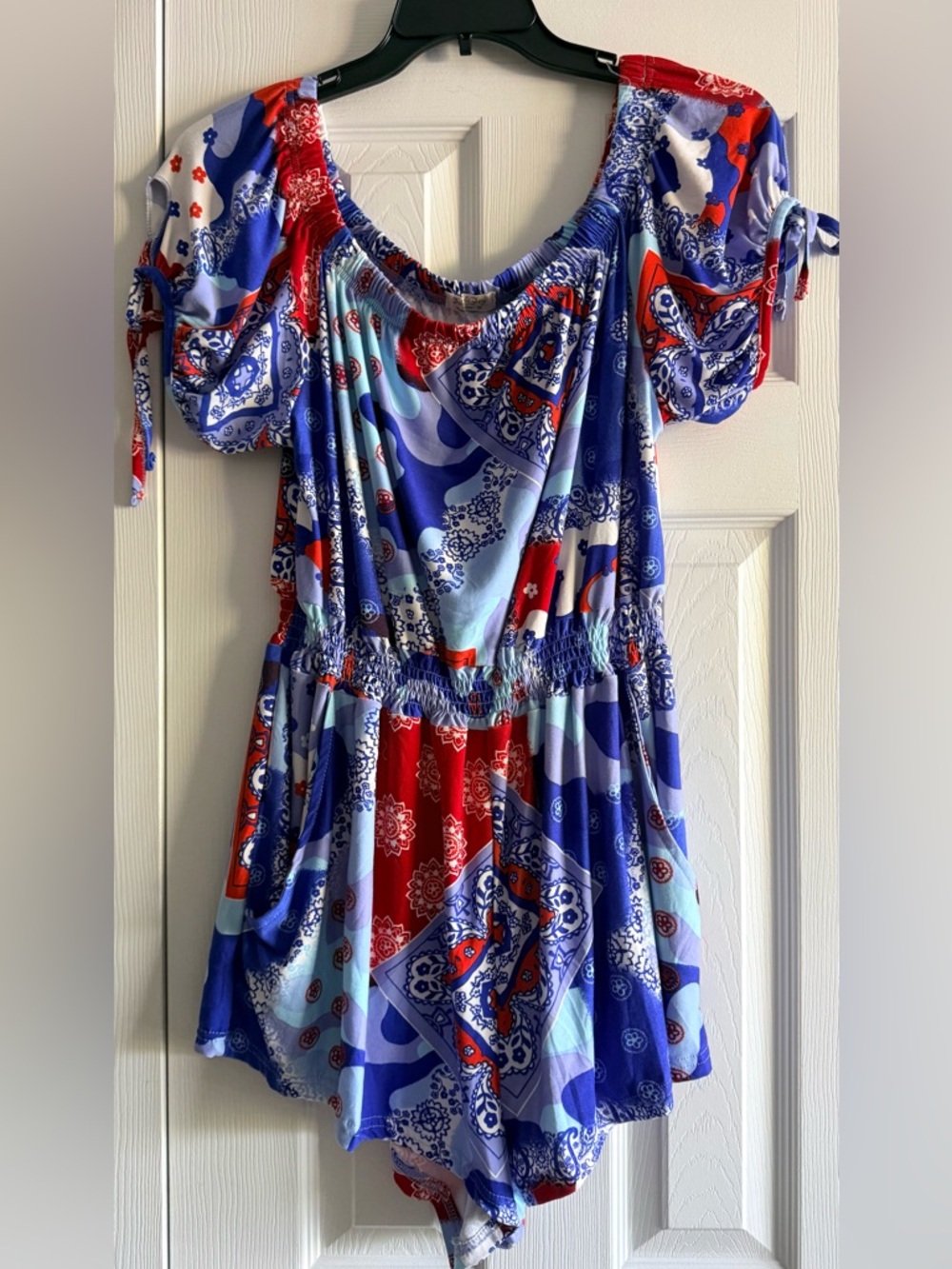 Women’s Off-Shoulder Patchwork Print Romper - Blue & Red